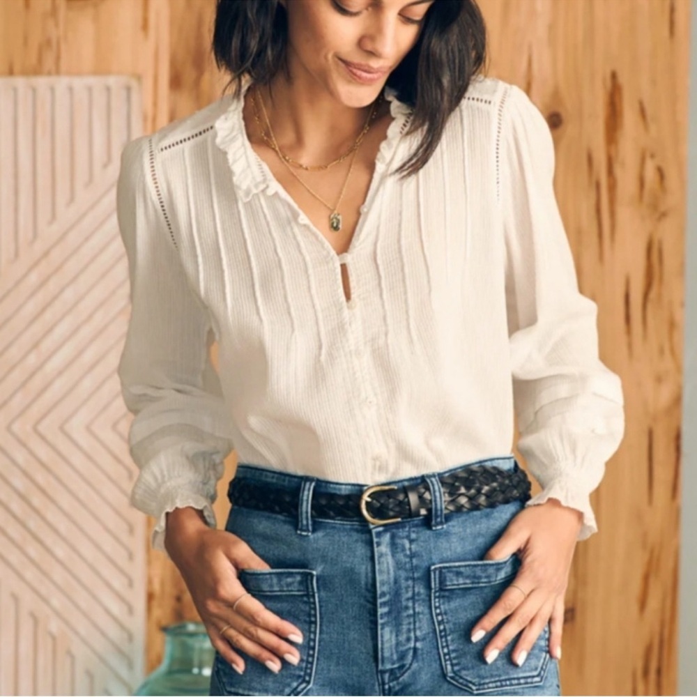 Faherty Willa Pleated Organic Cotton Ruffled‎ Blouse